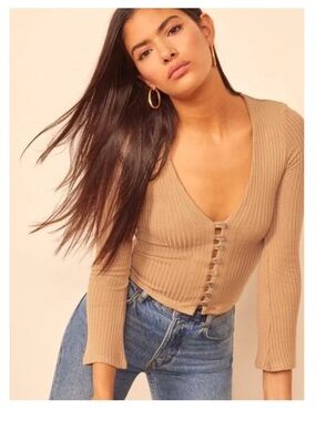 Reformation Ribbed Button-Front V-Neck Top - Tan